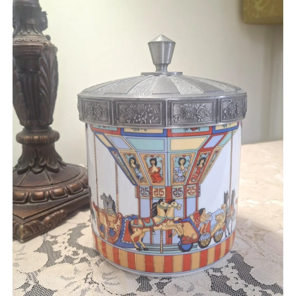 RARE Ceramic Carousel Cookie Jar Pewter Lid‎ Seltmann Weiden x Schmidt Vtg 1998